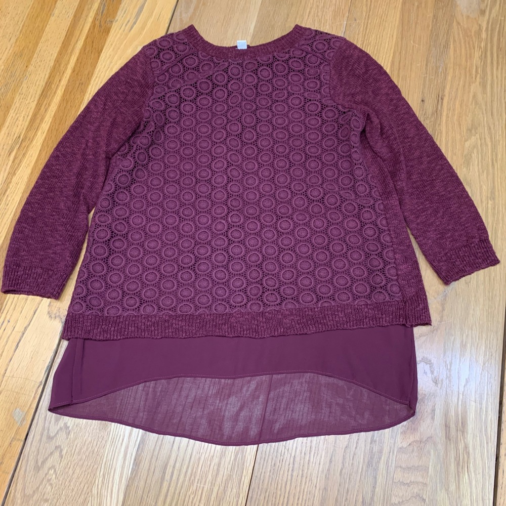 Lucky Brand Burgundy Crochet Lace Mixed Media‎ Split Back Sweater Top Size XS